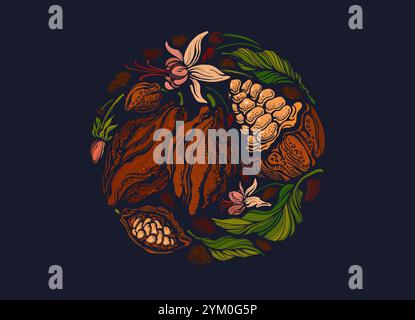 Cocoa round symbol. Organic chocolate. Raw beans, green leaves with aroma fruits. Vintage illustration for food design Stock Vector