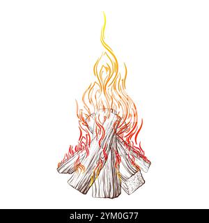 Campfire, burning fire, bonfire with firewood. Vector texture hand drawn illustration. Outdoor camping Stock Vector