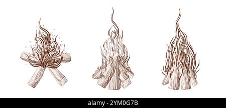 Outdoor camping bonfire collection. Fire flames and wooden logs on hand drawn style. Vector isolated texture illustration Stock Vector