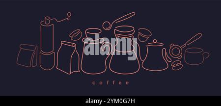 Coffee line art design. Espresso cup, cappuccino, coffee maker machine and roasted beans abstract border. Vector banner for cafe menu, shop Stock Vector