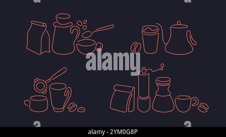 Collection of different cups, coffee maker, drip kettle and aroma beans. Abstract creative set with hand draw line icons. Vector concept for coffee sh Stock Vector