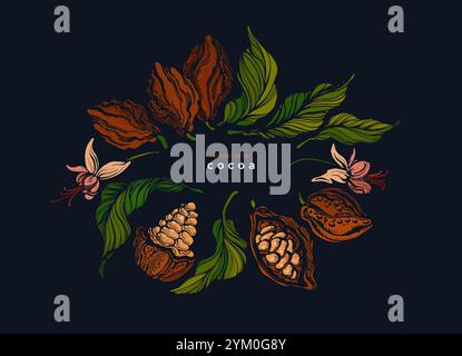 Cocoa symbol. Organic black chocolate. Raw beans, green leaves with aroma fruits. Color illustration for cafe, sweet design Stock Vector