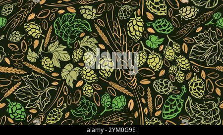 Green hops and malt print. Vintage beer endless background. Sketch of hop plant with cones, leaves, grain for beer brewing and packaging Stock Vector