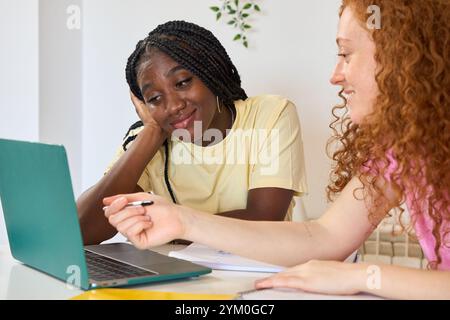 Two female students studying together with laptop and notebooks Stock Photo