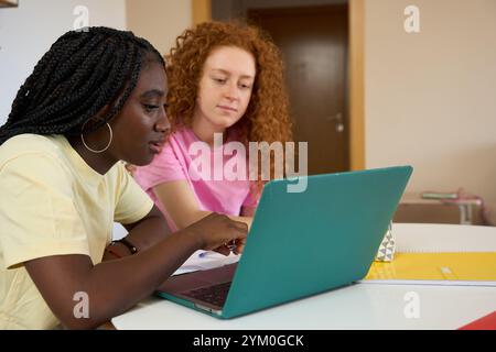 Two female students working on project using laptop at home Stock Photo