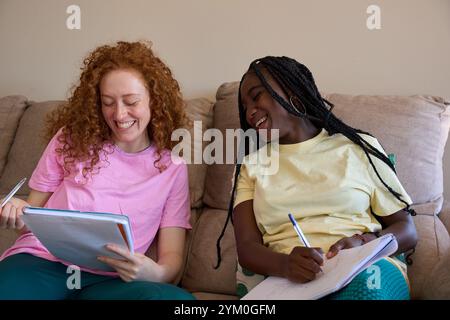 Two female students studying together and having fun on sofa Stock Photo