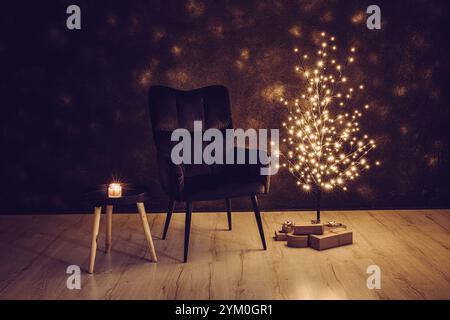 Alternative Christmas tree concept. Minimalist black color wire tree with lights illuminated at night. Black armchair, presents under the tree. Stock Photo