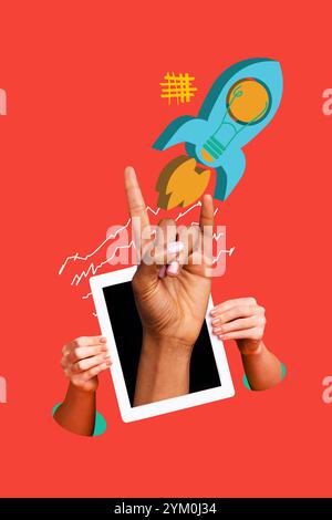 Vertical photo collage of hands show horns gesture peek ereader device rocket booster startup development isolated on painted background Stock Photo