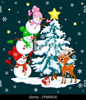 Three cartoon cute snowmen decorate the top of the Christmas tree with a star, standing on each other's shoulders. On Christmas night, the stars are s Stock Vector