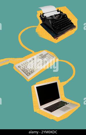 Vertical photo collage of modern laptop keypad wire journalism typewriter machine retro device technology isolated on painted background Stock Photo