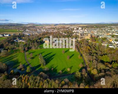 Aerial view from drone of Pittencrieff Park known as The Glen, Dunfermline, Fife, Scotland, UK Stock Photo