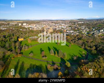 Aerial view from drone of Pittencrieff Park known as The Glen, Dunfermline, Fife, Scotland, UK Stock Photo