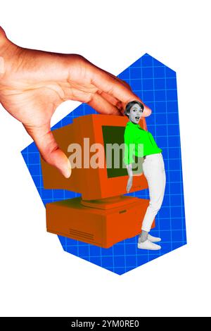 3D collage design composite trend artwork sketch of cyberspace computer obsolete monitor miniature young lady omg face stand hand hold Stock Photo