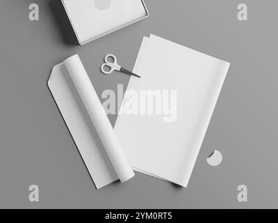 Flat Lay White Blank Wrapping Paper 3D Mockup with Sticker and Scissors Stock Photo