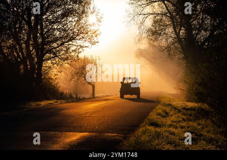 Car in orange autumn sunrise light. Stock Photo
