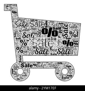 Black and white word cloud in shape of shopping cart focusing on sale and discount related terms, Black Friday Stock Photo