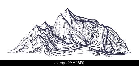 Mountain peaks, sketch. Vector illustration in engraving style. Hand drawn texture landscape. Extreme sport, hiking, rock climbing Stock Vector