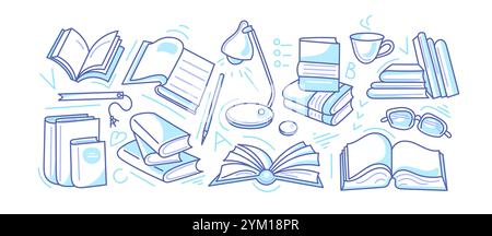 Open and closed books in doodle style. Lamp in the library, lesson at school, lecture at university. Art line collection isolated on white background Stock Vector