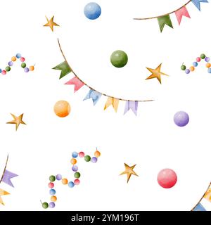 Holiday. Seamless watercolor pattern. Garland, beads, stars. Hand-drawn elements of celebration, awards. Suitable for cards, diplomas and design Stock Photo