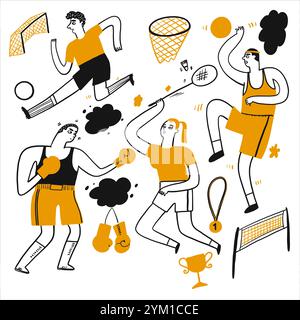 Activities of people who are playing various sports,  Vector Illustration doodle line art style. Stock Vector