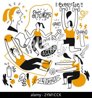 Activities of people who are playing various sports, Hand drawn vector Illustration doodle line art style. Stock Vector
