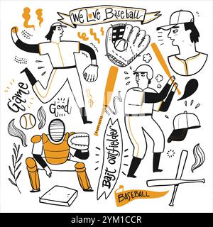 Activities of people who are playing baseball, Hand drawn vector Illustration doodle line art style. Stock Vector