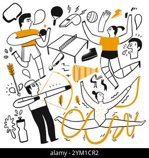 Activities of people who are playing various sports, Hand drawn vector Illustration doodle line art style. Stock Vector