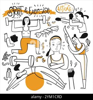 Activities of people who are playing various sports, Hand drawn vector Illustration doodle line art style. Stock Vector