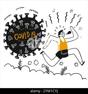 Young man Running away from germs or COVID-19, Hand drawn vector Illustration doodle line art style. Stock Vector