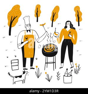 Couples are grilling on a sunny afternoon barbecue.  Hand drawn, Vector Illustration doodle style. Stock Vector