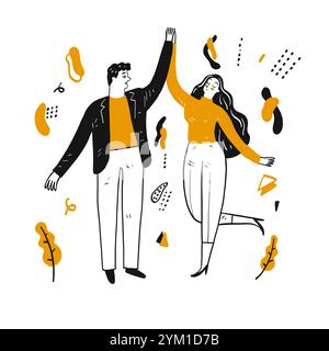 Happy couples dancing on bright days, Hand drawn Vector Illustration in sketch doodle style. Stock Vector