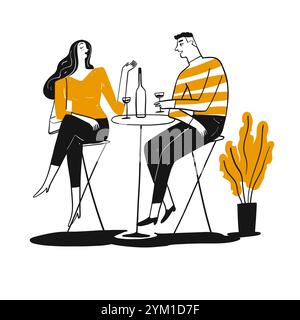 Couple drinking and talk happy. Hand drawn, Vector Illustration doodle style. Stock Vector
