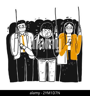A sick man on the train is sneezing people around pretend to be disgusted. The prevention of contagious diseases. Hand drawn, Vector Illustration dood Stock Vector