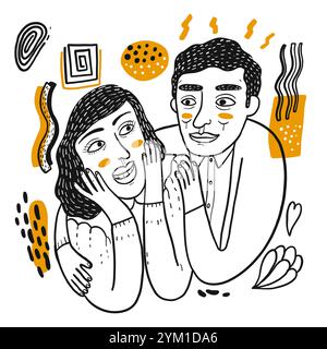 Couple be happy, Pop Art element on white background, Hand drawing  Vector Illustration doodle line art style. Stock Vector