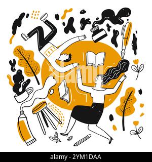 Couples are floating all around with elements with books, ink, pens, trees. Hand drawn, Vector Illustration doodle style. Stock Vector