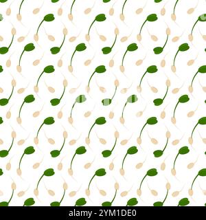 Sprouted seeds with green sprouts and root Seamless Pattern. Healthy Eating minimalistic background. Isolated Vector illustration Wrapping, wallpaper or web promo, cards, banner, label, booklet, post Stock Vector