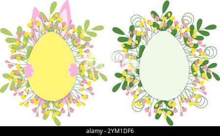 Ester bunny pink ears and paws with Blooming twigs and green leaves Egg shaped Frames Set 2 Template. Copy space. Isolated Vector illustration Thematic Cards, posts, leaflet, banner, tag or web promo Stock Vector