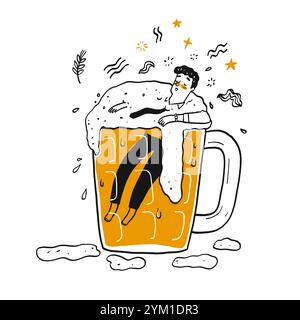 A man in the glass of beer. The element hand drawn, Vector Illustration doodle style. Stock Vector
