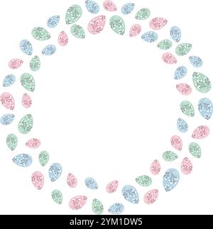 Colorful Easter eggs patterned blooming twigs and strings Circle frame border Copy space Template. Isolated Vector illustration Greeting cards, media post, blogs, banners, leaflets, price or web promo Stock Vector