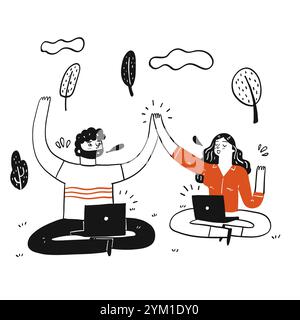 Collection of hand drawn man and girl sit in the park doing Hi5 with laptop on their legs Stock Vector