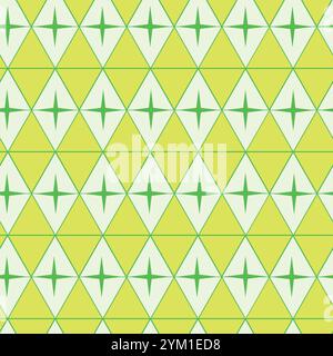 Mid Century green Atomic Starbursts on yellow  and white retro diamonds seamless pattern. For home décor, wallpaper and fabric Stock Vector