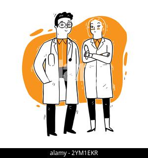 Doctors standing and talkin.  Medical digital vector about the working day of doctors. Illustration for web banner, infographic or printing design Stock Vector