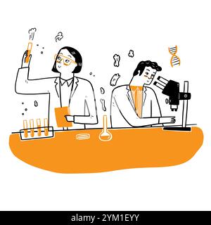 People in white coat, chemical researchers with laboratory equipment. Illustration of scientist in laboratory, science experiment in lab Stock Vector