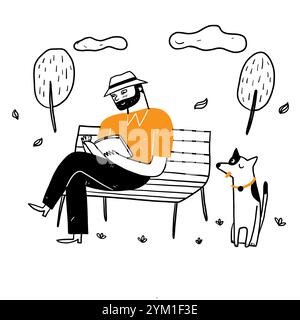 The old man sitting on the park chair reading a book in a relaxed with his dog. Hand drawing vector illustration doodle style Stock Vector