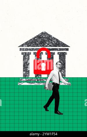 Vertical collage picture young man businessman walk bank account finance protection lock padlock restricted access drawing background Stock Photo