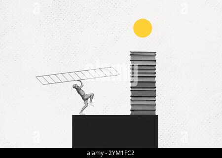 Conceptual collage funny miniature young guy put ladder stairs up climbing pile library books more knowledge isolated on white background Stock Photo
