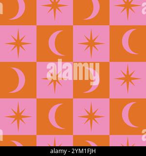 Checkered crescent moon and stars on pink and orange checkerboards seamless pattern. For home décor, wallpaper and fabric. Stock Vector