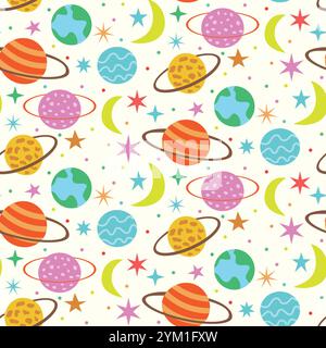 Cute colorful Planets with moon and stars seamless pattern on white background. For fabric, wallpaper and textile Stock Vector
