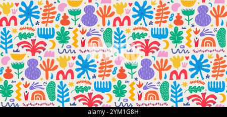 Abstract seamless pattern with various shapes, figures and freeform blobs. Modern trendy vector seamless background with various plants and doodles in Stock Vector