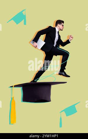 Vertical photo collage of serious student man run master hat education graduation university carry laptop isolated on painted background Stock Photo